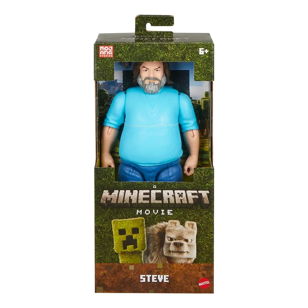 Front view of Minecraft Movie Steve 12-inch action figure in Mattel packaging, with blocky Creeper and animal graphics and character name displayed at bottom.