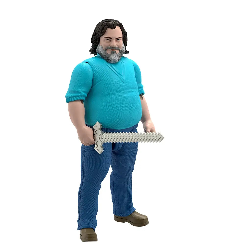 Minecraft Steve action figure featuring a man with a gray beard in a turquoise sweater and blue jeans, holding a blocky silver sword, designed in 12-inch collectible scale.