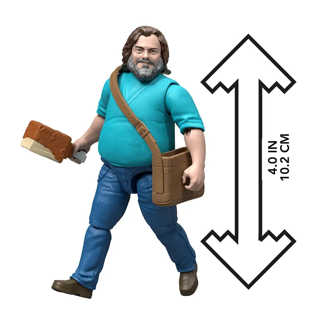 Minecraft Steve movie action figure in teal shirt and jeans shown with measurement graphic, highlighting its 4-inch scale size for accurate collectible display.