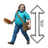 Minecraft Steve movie action figure in teal shirt and jeans shown with measurement graphic, highlighting its 4-inch scale size for accurate collectible display.