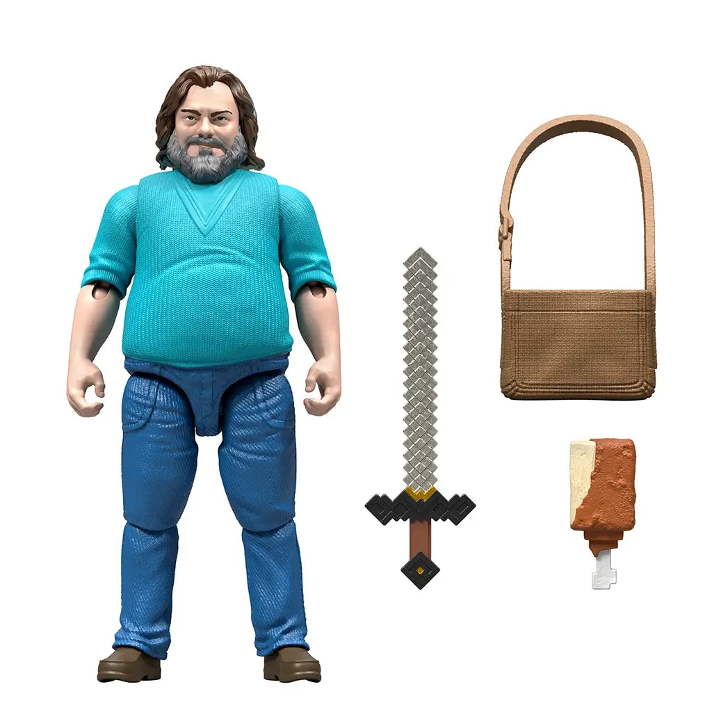 Minecraft Steve action figure in teal shirt and jeans displayed with pixelated sword, brown satchel, and ice cream bar accessories, offering multiple role-play options.