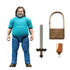 Minecraft Steve action figure in teal shirt and jeans displayed with pixelated sword, brown satchel, and ice cream bar accessories, offering multiple role-play options.