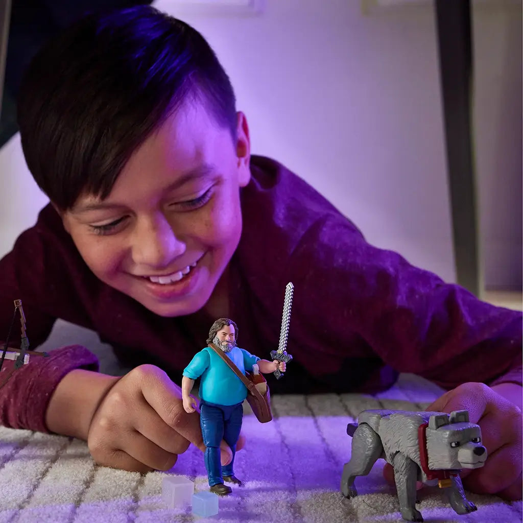 Smiling child plays on carpet with Minecraft Steve action figure holding sword beside wolf figure, creating an imaginative adventure scene under purple lighting.