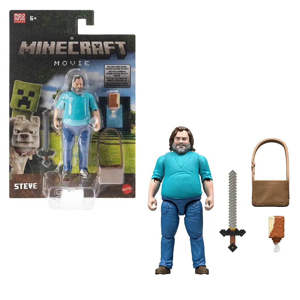Minecraft Steve movie action figure in retail packaging with sword, satchel, and ice cream bar accessories, labeled for ages 6+, designed by Mattel for collectors.