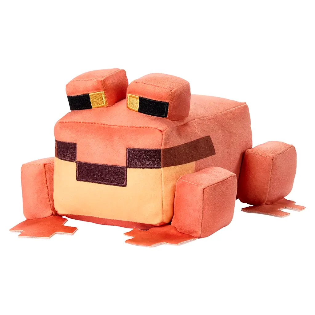 Minecraft orange frog plush character with orange and tan fabric, soft polyester material, pixel-inspired square frog design, right angled view displaying side proportions on a white studio background.