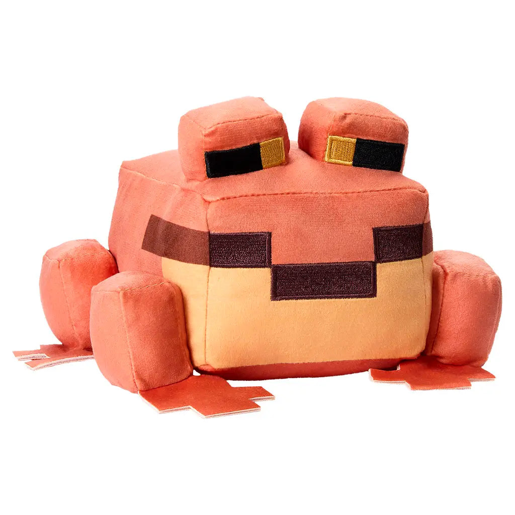 Minecraft orange frog plush toy featuring warm orange and tan colors, soft polyester fabric, blocky square frog shape, designed as an 8-inch character plush for play or display, photographed isolated on a clean white background.