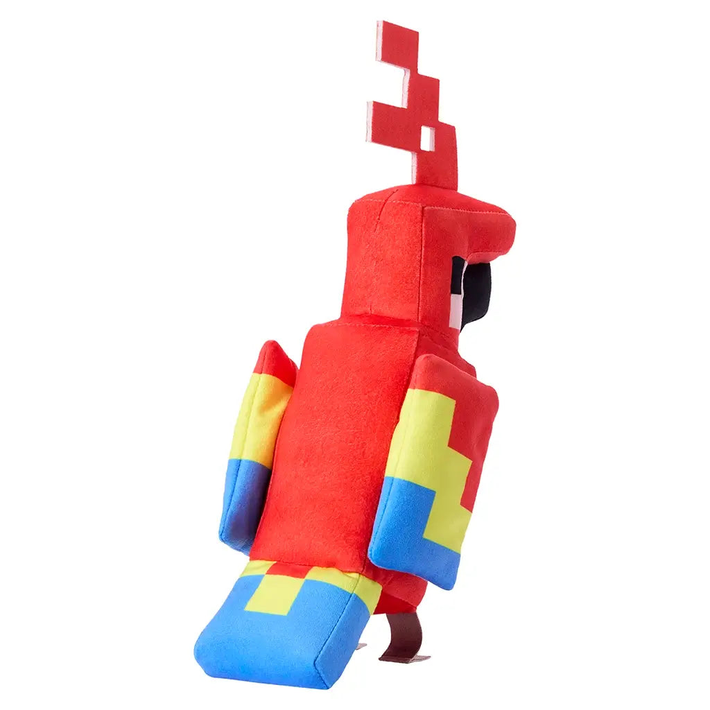 Minecraft parrot plush shown from a rear angled view with red plush fabric, geometric block-style body, layered yellow and blue wings, and blue tail section, highlighting the 8-inch size and game-inspired design on white.