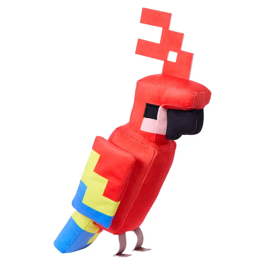 Minecraft parrot plush side view featuring red velvety fabric, squared head and body form, pixel-style black eye patch, yellow and blue wing blocks, and blue tail, displayed as an 8-inch toy against white.