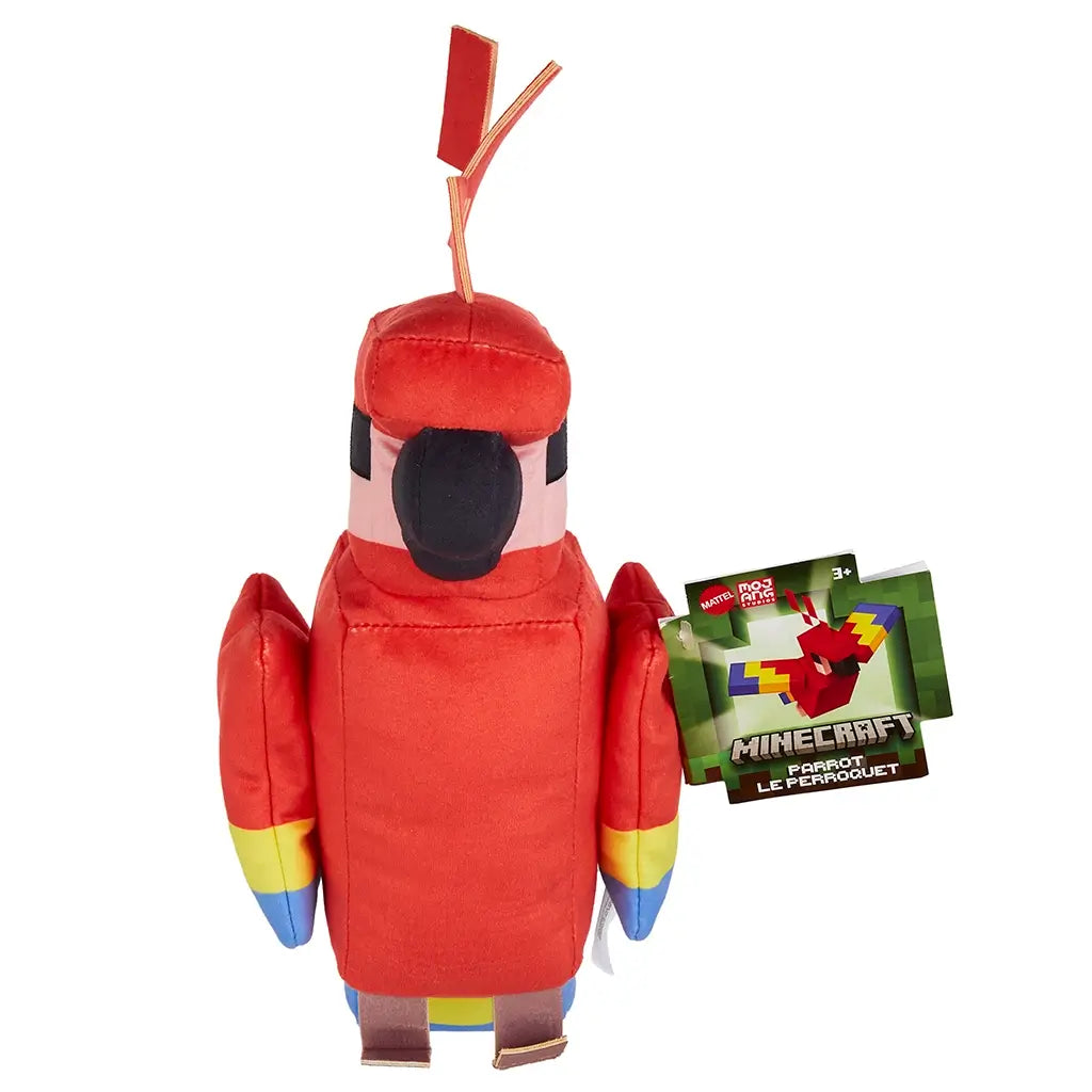 Minecraft parrot plush front view in red soft fabric with blocky cube proportions, black beak and eye details, yellow and blue wings, slim legs, and attached branded tag, presented as an 8-inch plush on white.