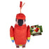 Minecraft parrot plush front view in red soft fabric with blocky cube proportions, black beak and eye details, yellow and blue wings, slim legs, and attached branded tag, presented as an 8-inch plush on white.