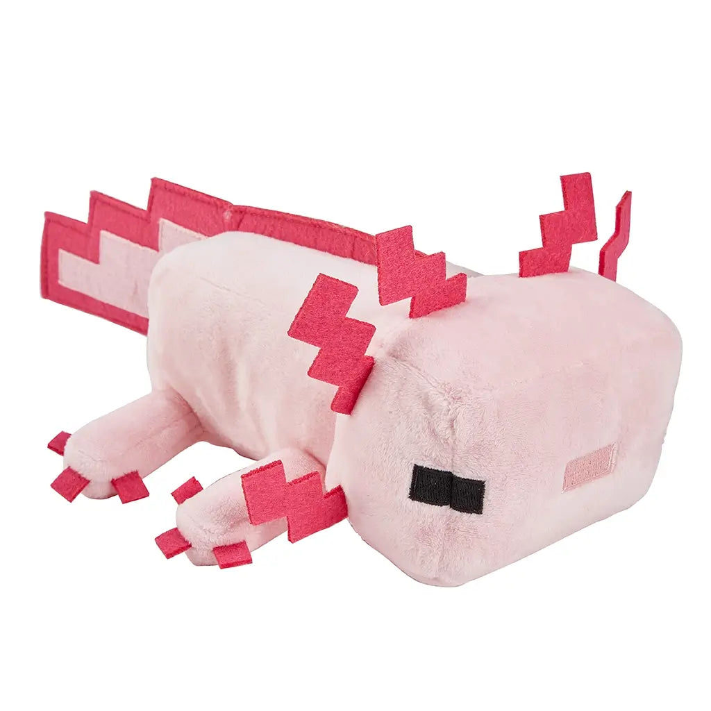 Minecraft pink axolotl plush shown from a left angled view in light pink plush fabric, featuring a cube-shaped head, rectangular body, red pixel gill accents, stubby legs, and extended tail, highlighting the 8-inch size against a clean white background.
