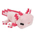 Minecraft pink axolotl plush shown from a left angled view in light pink plush fabric, featuring a cube-shaped head, rectangular body, red pixel gill accents, stubby legs, and extended tail, highlighting the 8-inch size against a clean white background.