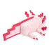 Minecraft pink axolotl plush rear angled view displaying a soft light pink block-form body, flat tail with stepped pixel edges, short plush legs, and red felt gill details along the head, presented as an 8-inch character toy on white.