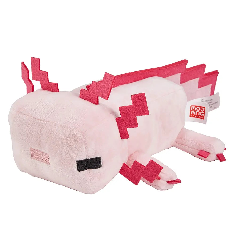 Minecraft pink axolotl plush right angled view featuring pale pink velvety fabric, rectangular head and torso, stitched black eyes, pixelated red gills, small legs, and long tail, emphasizing its 8-inch collectible design on a white background.