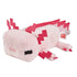 Minecraft pink axolotl plush right angled view featuring pale pink velvety fabric, rectangular head and torso, stitched black eyes, pixelated red gills, small legs, and long tail, emphasizing its 8-inch collectible design on a white background.