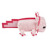 Minecraft pink axolotl plush side view showing soft blush pink fabric, blocky game-style silhouette, flat pixel-edged tail, red felt gill shapes, and short plush legs, accurately representing the 8-inch axolotl character against white.