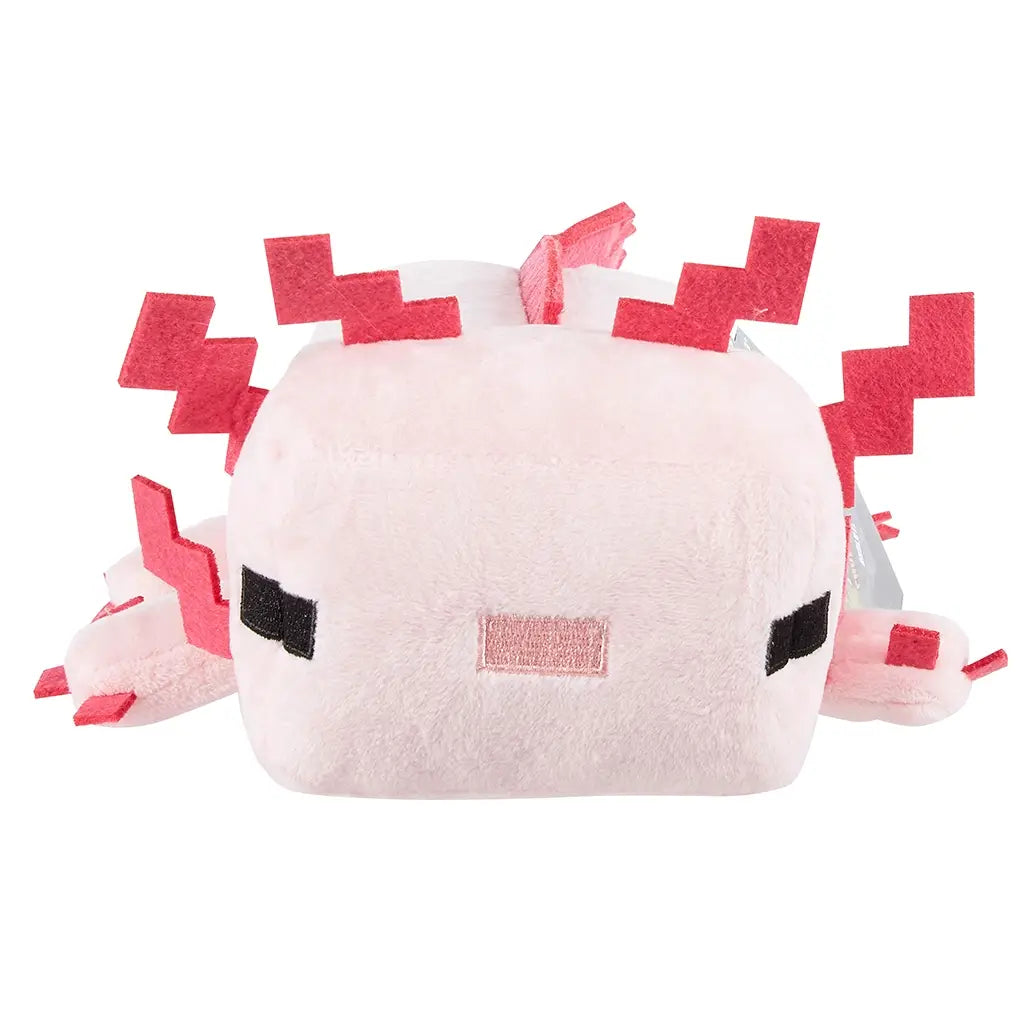 Minecraft pink axolotl plush toy in soft pale pink fabric with a smooth velour texture, blocky rectangular body, stitched black eyes, flat snout, pixel-style red felt gills, short legs, and long tail, designed as an 8-inch collectible on a white background.