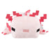 Minecraft pink axolotl plush toy in soft pale pink fabric with a smooth velour texture, blocky rectangular body, stitched black eyes, flat snout, pixel-style red felt gills, short legs, and long tail, designed as an 8-inch collectible on a white background.