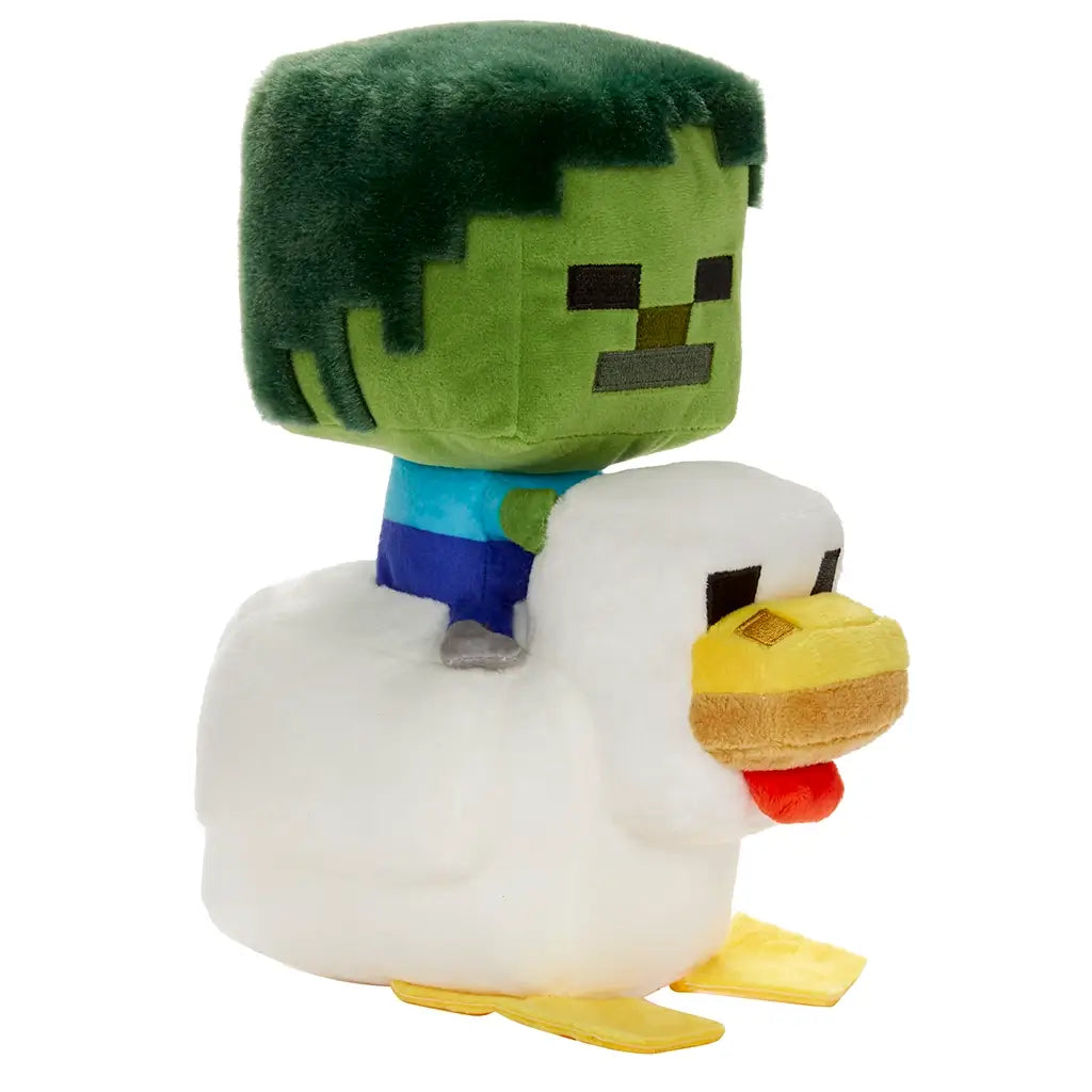 Minecraft Zombie Chicken Jockey plush shown at an angle, highlighting green cube-shaped zombie head, stitched facial details, white plush chicken body, yellow feet, and soft polyester material for cuddly play.