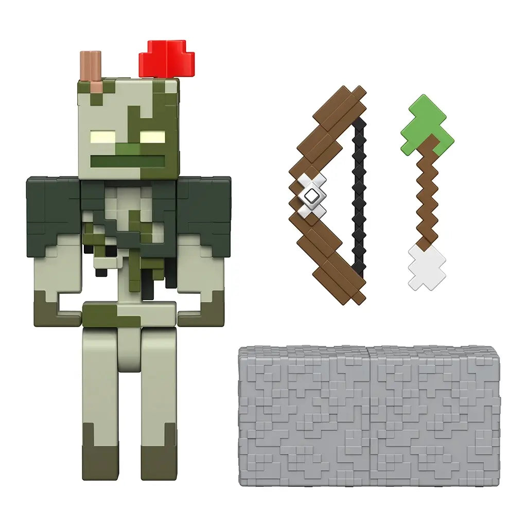 Minecraft Redstone Charged Bogged accessories set in brown, green, gray, and red plastic, featuring a pixelated bow, arrow, and textured redstone charging block components arranged neatly on a white studio background.