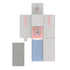 Minecraft redstone charging building piece in gray textured plastic with red pixel accents and a translucent blue core section, shown assembled and separated to highlight the modular block layout, connector ports, and stone-style surface on white.