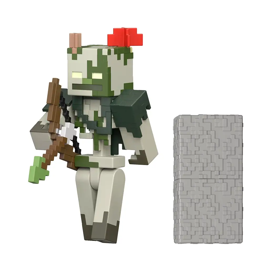 Minecraft Redstone Charged Bogged action figure in pale bone, moss green, and dark green matte plastic, showing the blocky Bogged mob holding a pixel-style bow beside a gray redstone charger block on a clean white background.