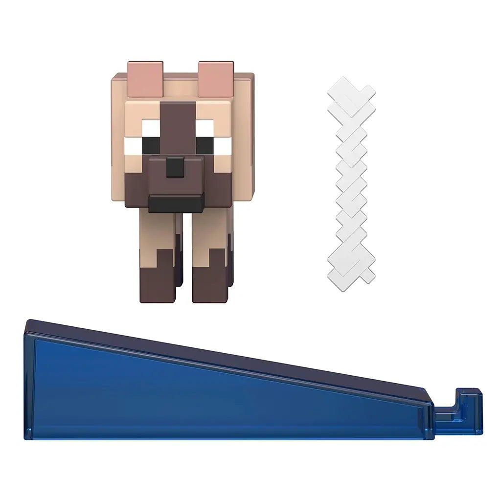 Minecraft Chestnut Wolf accessories set showing light gray pixelated bone, brown block-style bow accessory, and textured gray block piece arranged clearly on a white background.