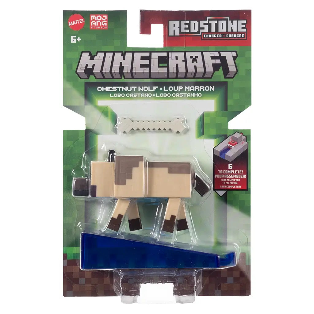 Minecraft Chestnut Wolf Redstone Charged retail packaging with green pixelated background, clear blister showing the tan wolf figure, bone accessory, and blue display base.