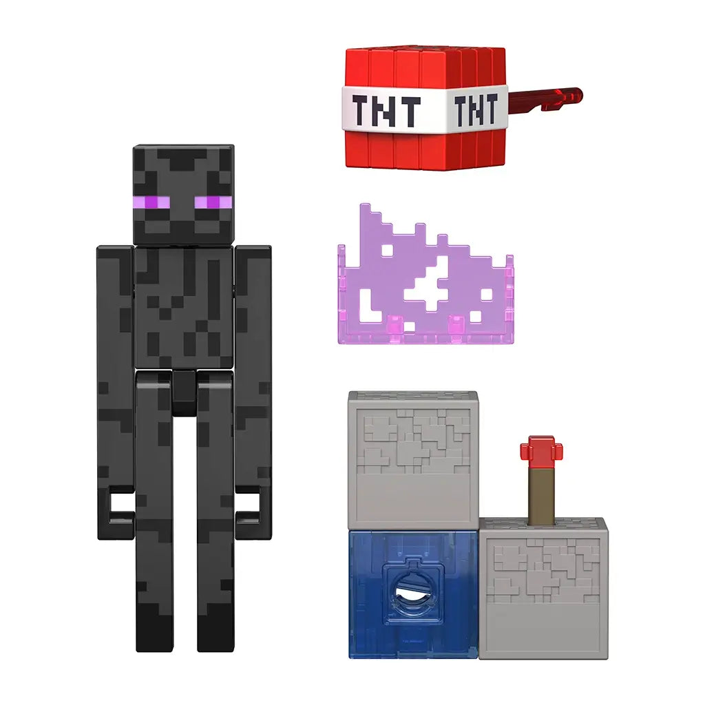 Minecraft Redstone Charged Enderman accessories set in red, gray, blue, and purple plastic, including a TNT hammer, translucent Ender energy effect piece, and modular redstone charger blocks arranged neatly on white.