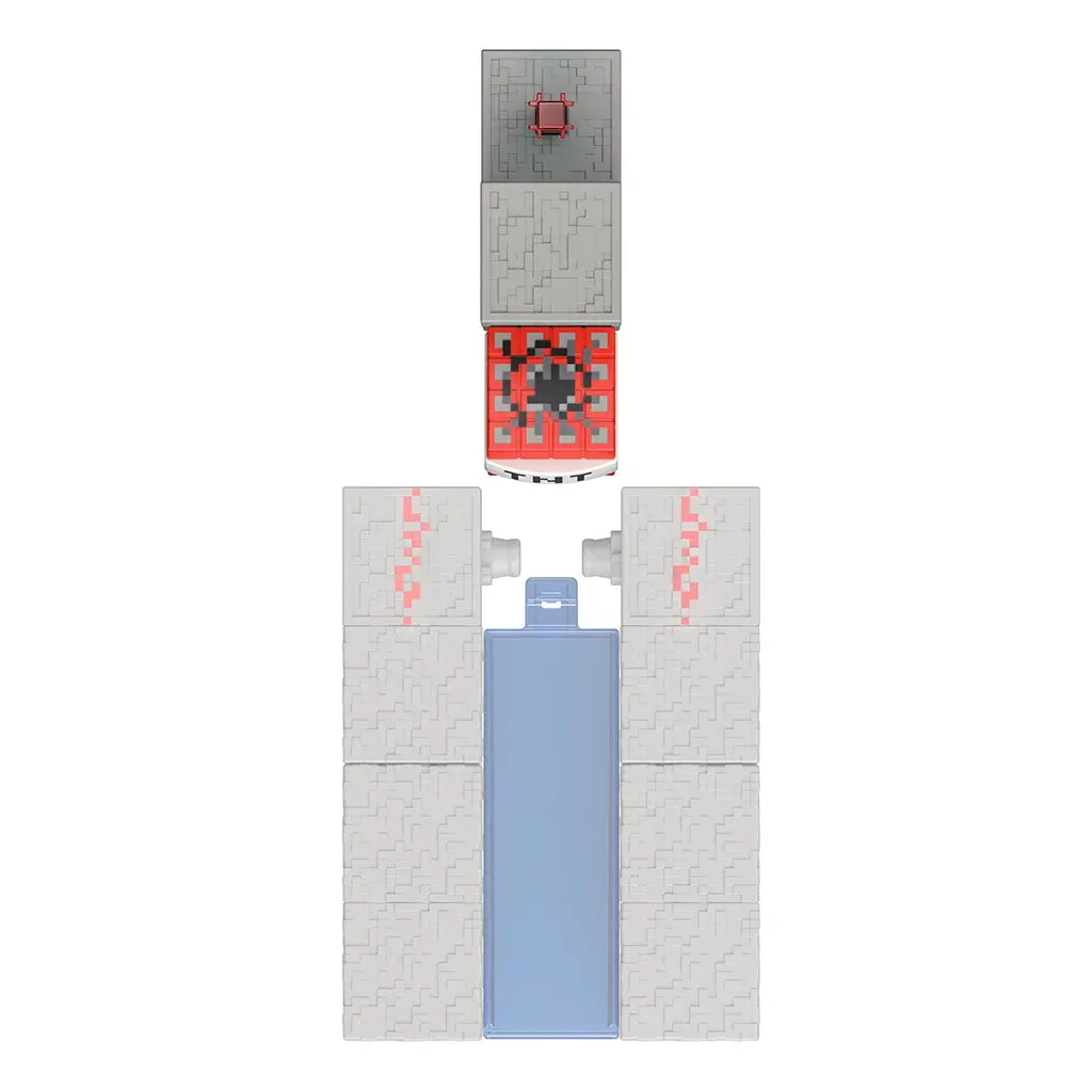 Minecraft redstone charging building piece in gray textured plastic with red pixel accents and a blue core section, shown assembled and separated to highlight the modular block layout, connector ports, and stone-style surface on white.