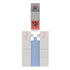 Minecraft redstone charging building piece in gray textured plastic with red pixel accents and a blue core section, shown assembled and separated to highlight the modular block layout, connector ports, and stone-style surface on white.