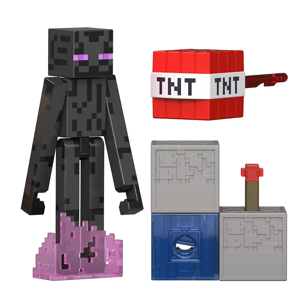 Minecraft Redstone Charged Enderman action figure in black and dark gray matte plastic with glowing purple eyes, showing the tall blocky Enderman standing on a translucent purple effect base beside gray redstone charger blocks on a white background.