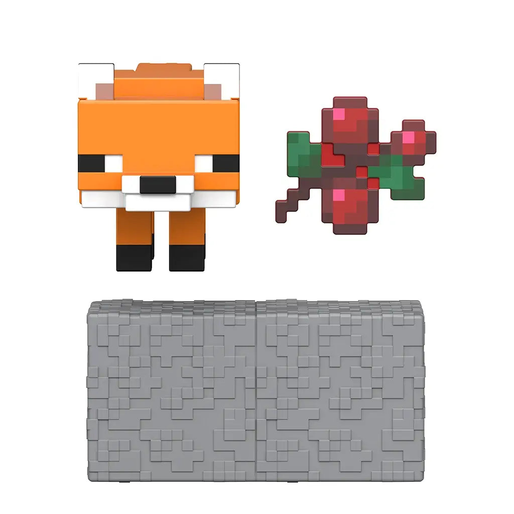 Minecraft Redstone Charged Fox accessories set in red, green, gray, and orange plastic, featuring a pixelated sweet berry bush piece and textured redstone charging block components arranged neatly on a white background.