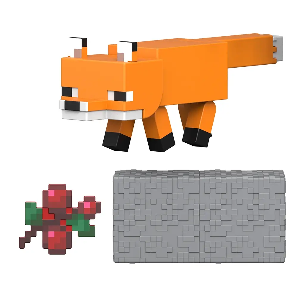 Minecraft Redstone Charged Fox action figure in bright orange, white, and black matte plastic, showing the blocky fox with square ears, long tail, and neutral stance posed beside a gray redstone charger block on white.