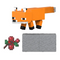 Minecraft Redstone Charged Fox action figure in bright orange, white, and black matte plastic, showing the blocky fox with square ears, long tail, and neutral stance posed beside a gray redstone charger block on white.