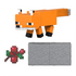 Minecraft Redstone Charged Fox action figure in bright orange, white, and black matte plastic, showing the blocky fox with square ears, long tail, and neutral stance posed beside a gray redstone charger block on white.