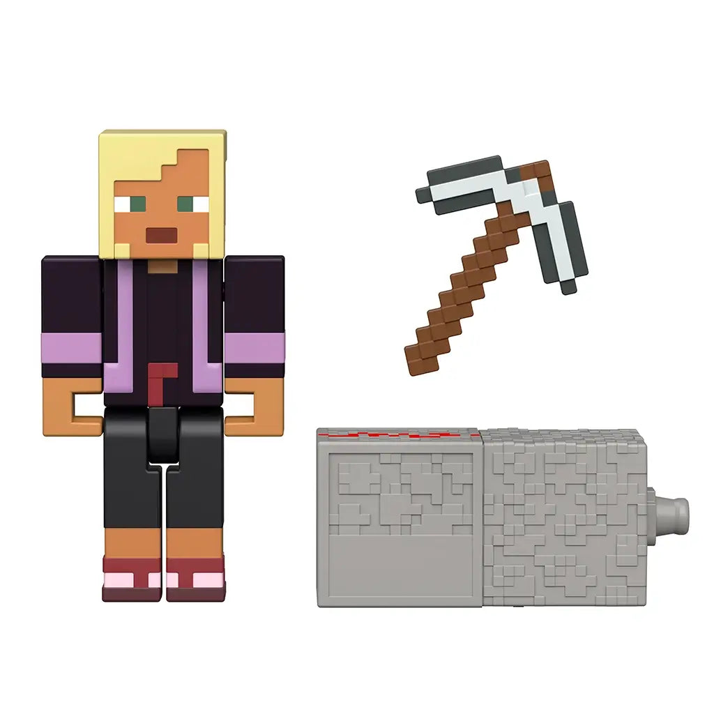 Minecraft Redstone Charged Minecraft’s Kai accessories set in gray and brown plastic, featuring a pixel-style pickaxe and textured redstone charging block components arranged neatly on a white studio background.