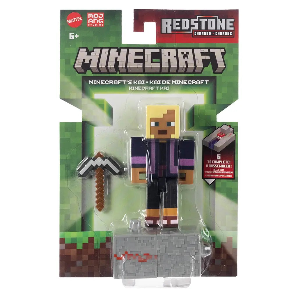 Minecraft Redstone Charged Minecraft’s Kai retail packaging with clear blister, displaying the blocky Kai figure, pixel pickaxe, gray redstone charger block, Minecraft branding, Mojang Studios logo, and green card front design.