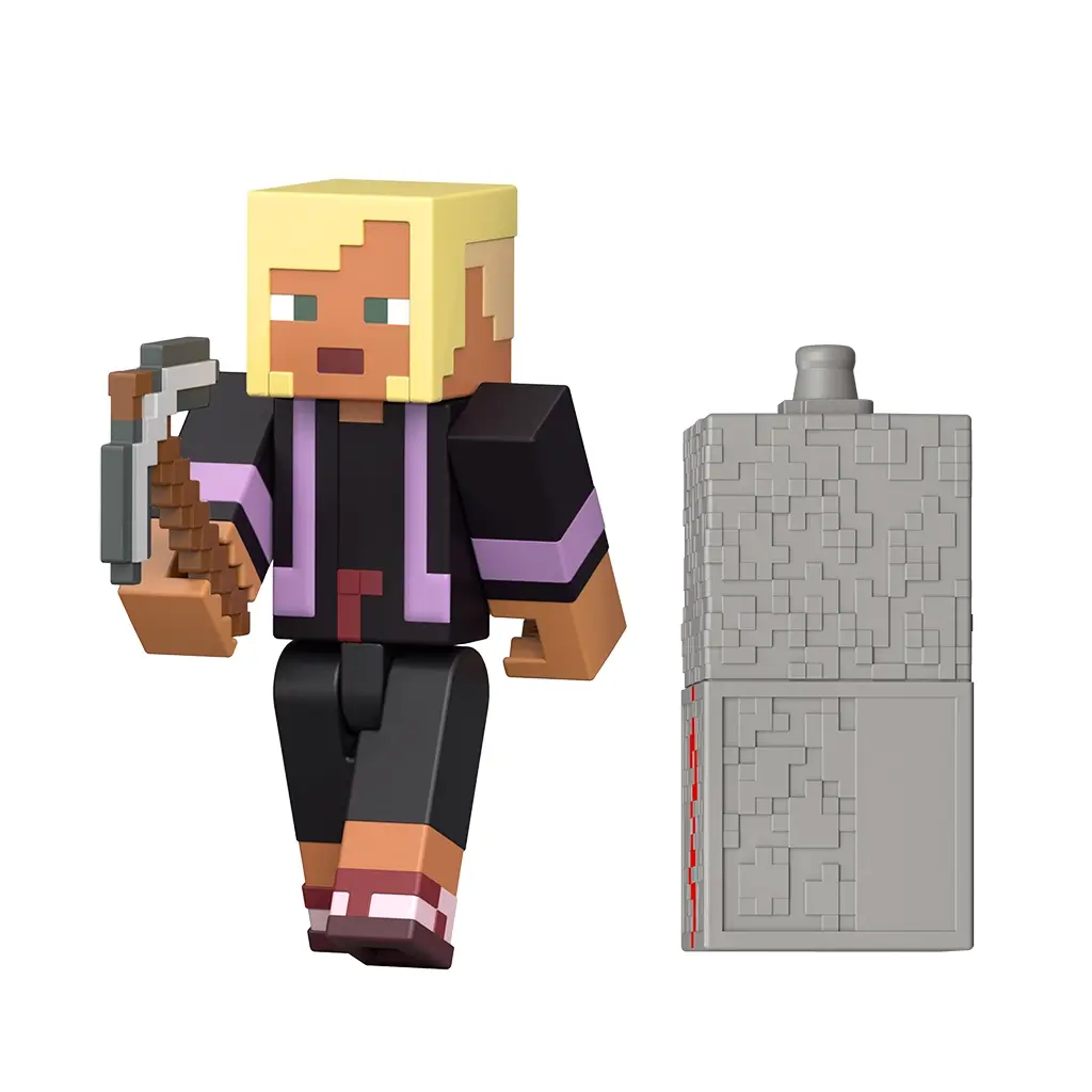 Minecraft Redstone Charged Minecraft’s Kai action figure in blonde, black, and purple matte plastic, showing the blocky Kai character holding a pixelated gray pickaxe beside a gray redstone charger block on a clean white background.
