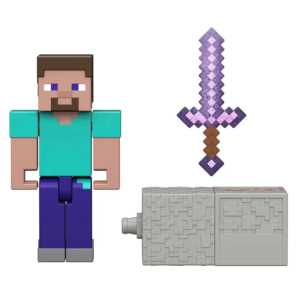 Minecraft Redstone Charged Steve accessories set in gray and purple plastic, featuring a pixel-style enchanted sword and textured redstone charging block components arranged neatly on a white studio background.