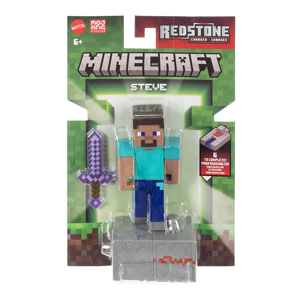 Minecraft Redstone Charged Steve retail packaging with clear blister, displaying the blocky Steve figure, purple pixel sword, gray redstone charger block, Minecraft branding, Mojang Studios logos, and green card front design.