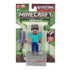 Minecraft Redstone Charged Steve retail packaging with clear blister, displaying the blocky Steve figure, purple pixel sword, gray redstone charger block, Minecraft branding, Mojang Studios logos, and green card front design.