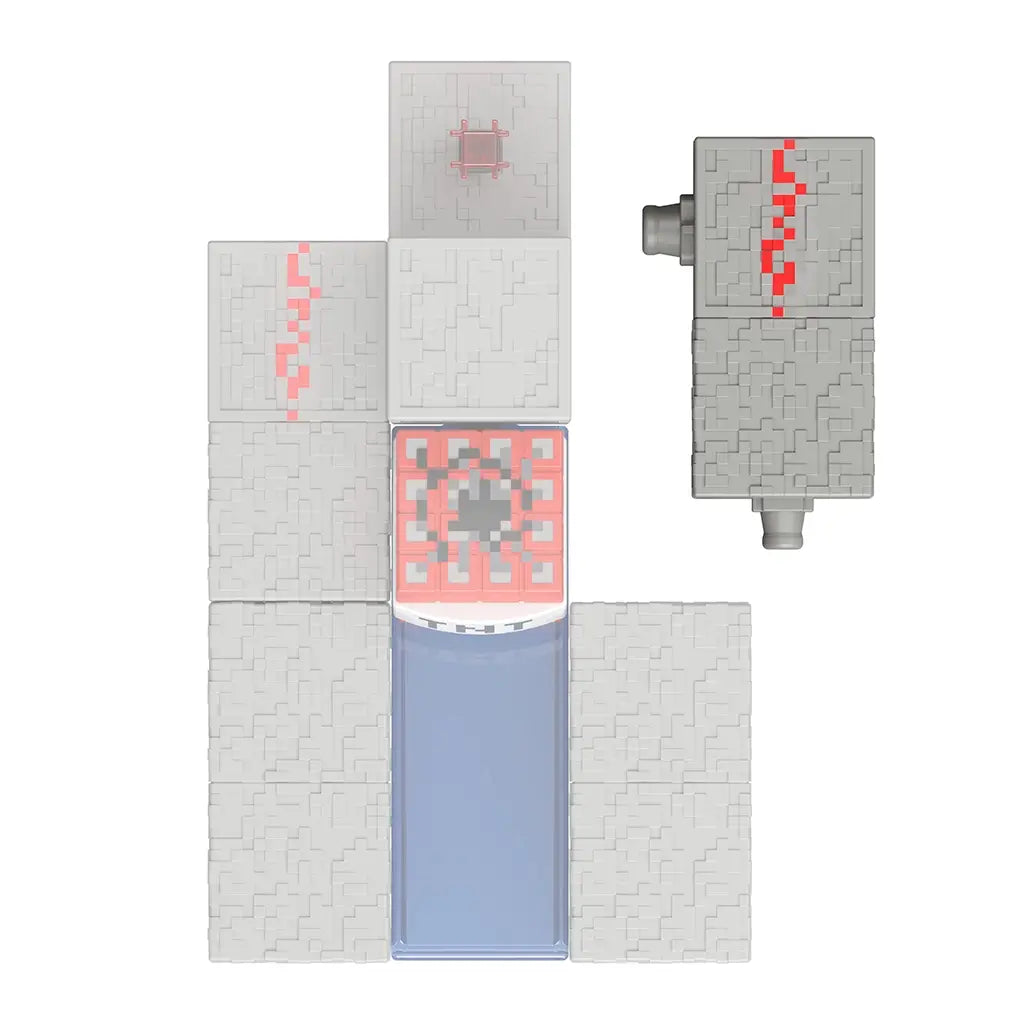 Minecraft Redstone charging building piece in gray textured plastic with red pixel accents, shown assembled and separated to highlight the modular block shape, connector points, and Minecraft-style stone pattern on white.
