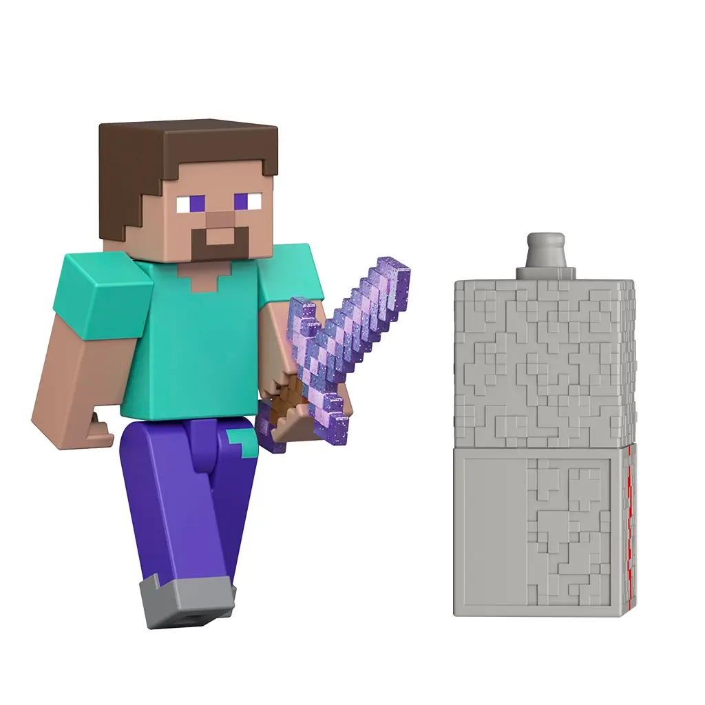 Minecraft Redstone Charged Steve action figure in teal, blue, and brown matte plastic, showing the blocky Steve character holding a pixelated purple sword beside a gray redstone charger block on a clean white background.