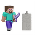 Minecraft Redstone Charged Steve action figure in teal, blue, and brown matte plastic, showing the blocky Steve character holding a pixelated purple sword beside a gray redstone charger block on a clean white background.