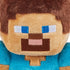 Minecraft Steve plush close-up showing tan and brown stitched fabric, square embroidered eyes and beard, pixelated facial shape, highlighting character details on a soft toy against a plain white background.