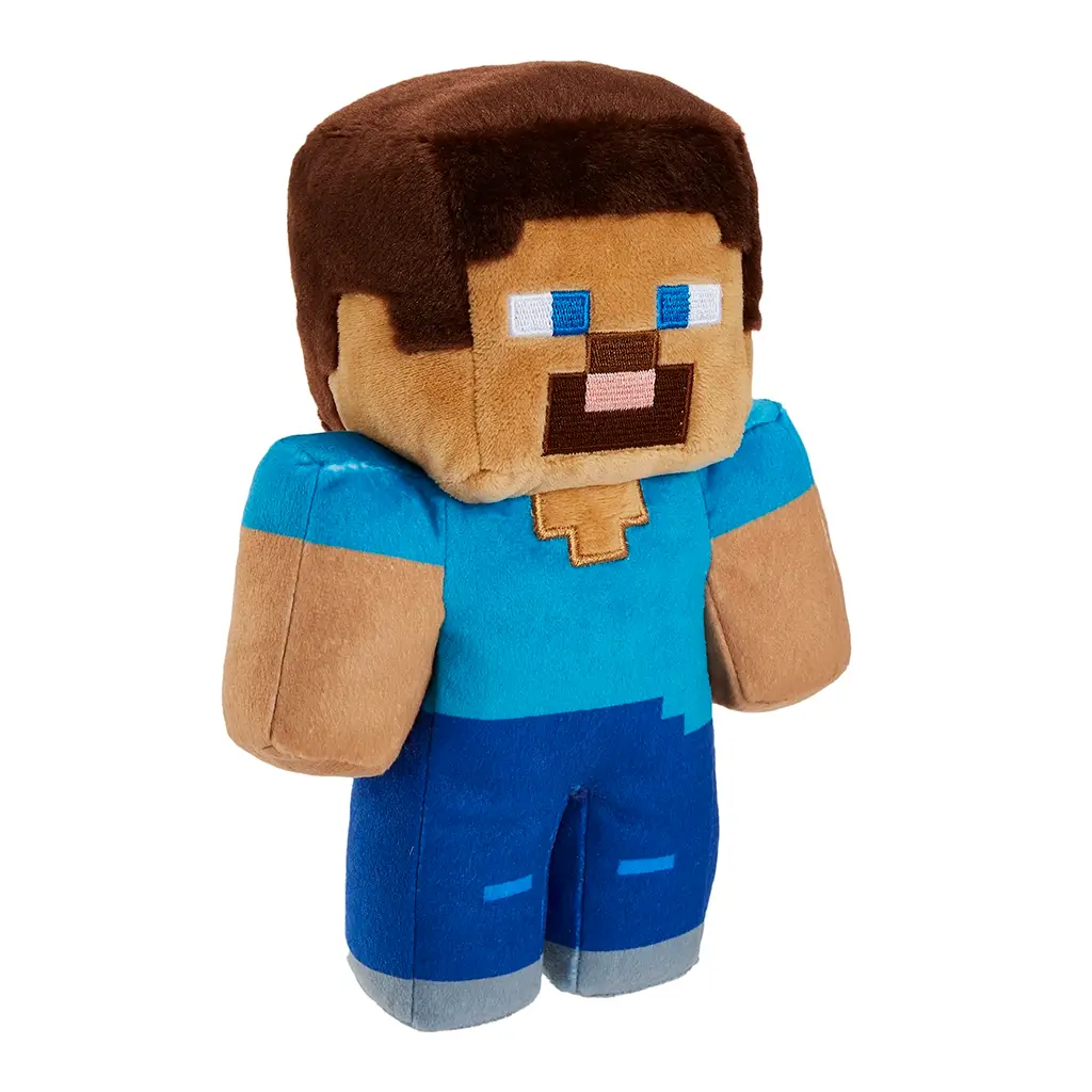 Minecraft Steve plush doll in blue and brown tones, velvety polyester texture, block-style body with squared arms and legs, shown at a left angled view for character display on a white backdrop.