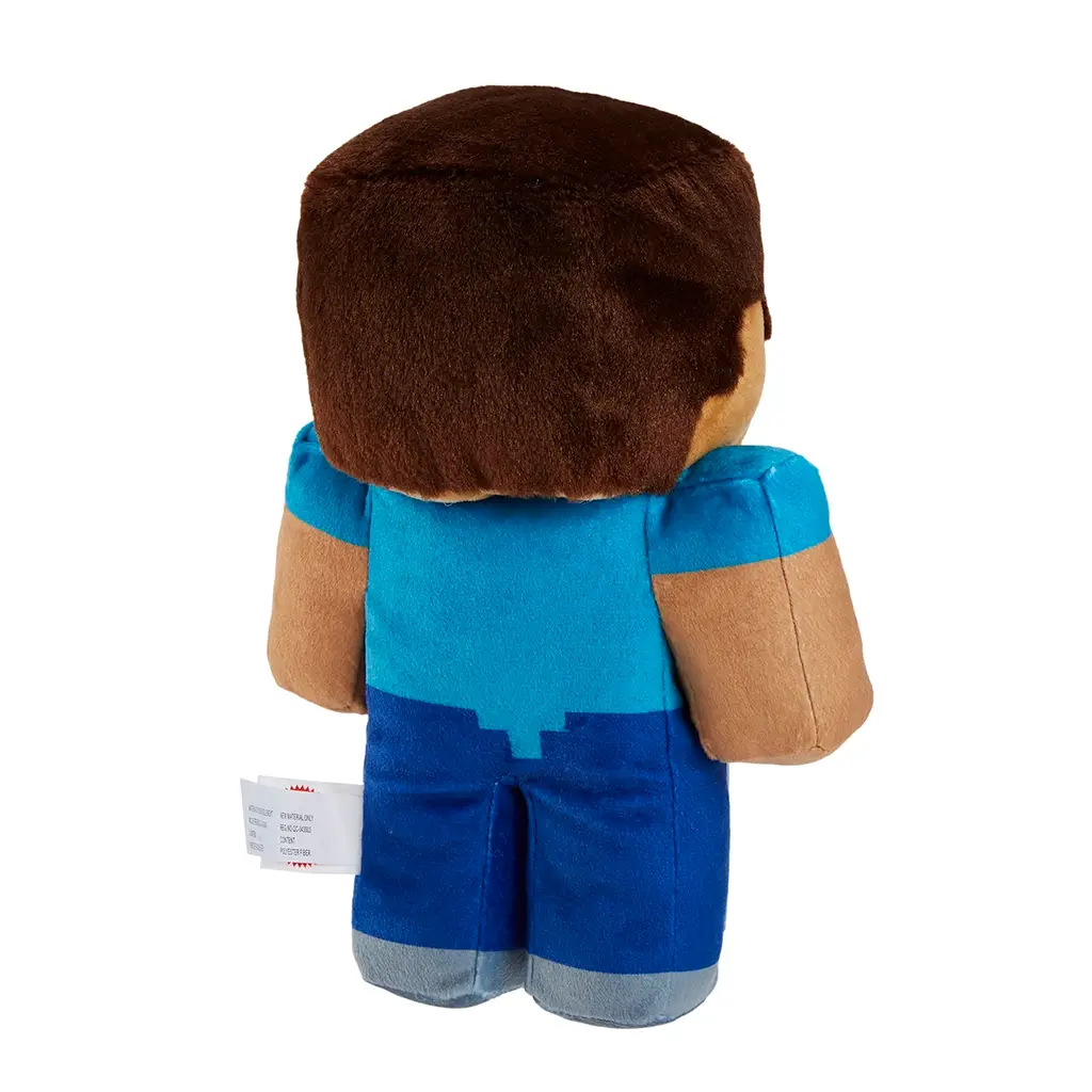Minecraft Steve plush toy in blue and tan colors, soft fuzzy fabric, cubic head and torso design, viewed from a rear angled perspective to show stitching and construction on a white background.
