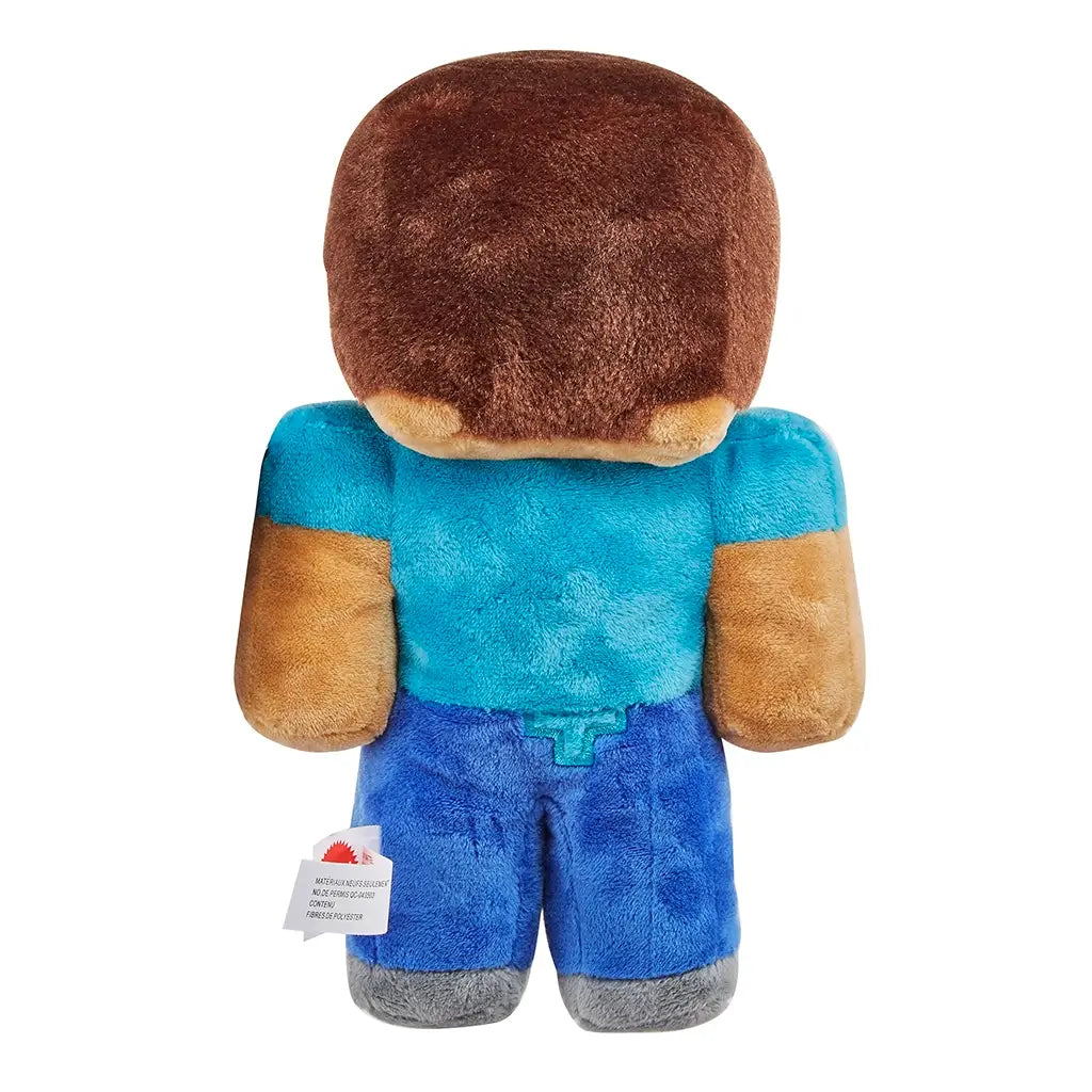 Minecraft Steve plush figure with blue shirt and pants, smooth polyester texture, block-shaped back and limbs, rear view emphasizing character outfit and form against a clean white background.