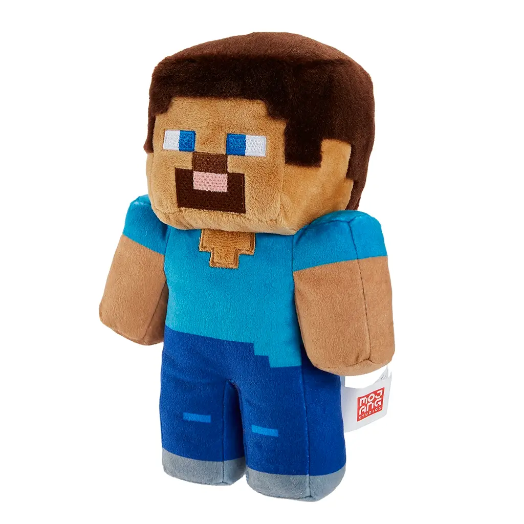 Minecraft Steve plush character in blue and brown colors, soft plush material, square pixel-inspired body, right angled view showing side details and proportions on a white studio background.